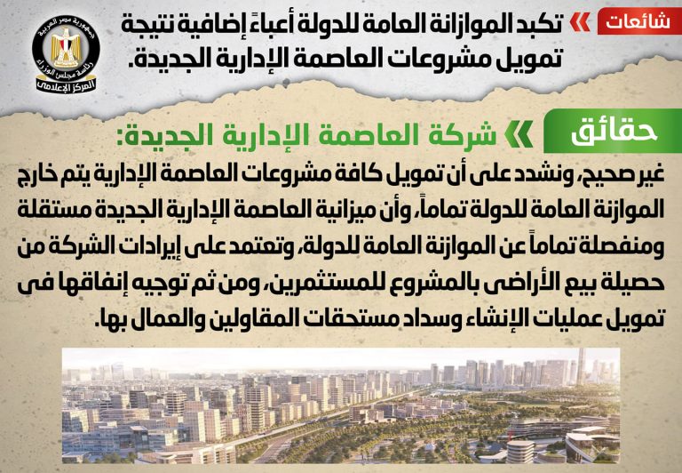 شائعة :تكبد الموازنة العامة للدولة أعباءً إضافية نتيجة تمويل مشروعات العاصمة الإدارية الجديدة