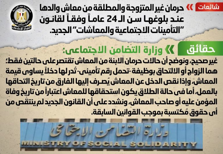 شائعة: حرمان غير المتزوجة والمطلقة من معاش والدها عند بلوغها سن الـ 24 عاماً وفقاً لقانون “التأمينات الاجتماعية والمعاشات” الجديد