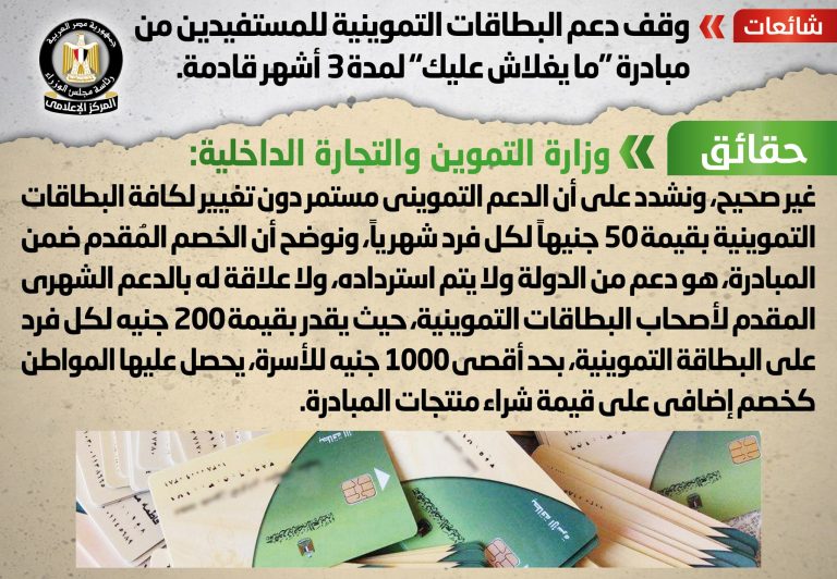شائعة: وقف دعم البطاقات التموينية للمستفيدين من مبادرة  “ما يغلاش عليك” لمدة 3 أشهر قادمة