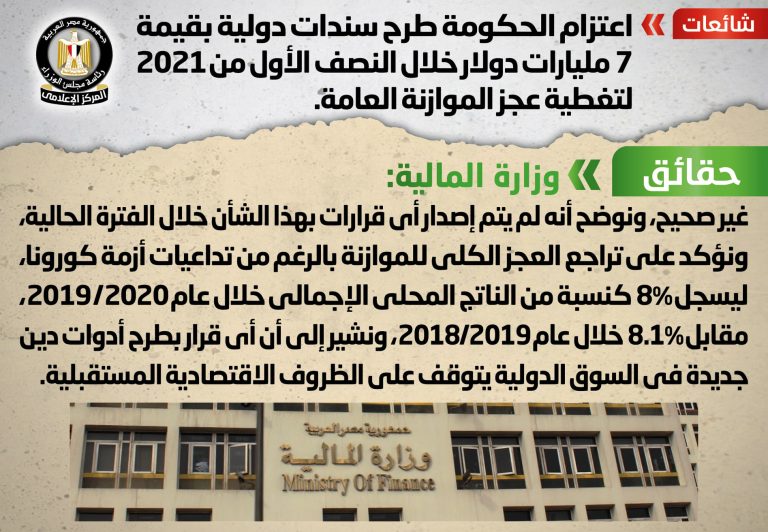شائعة: اعتزام الحكومة طرح سندات دولية بقيمة 7 مليارات دولار خلال النصف الأول من 2021 لتغطية عجز الموازنة العامة