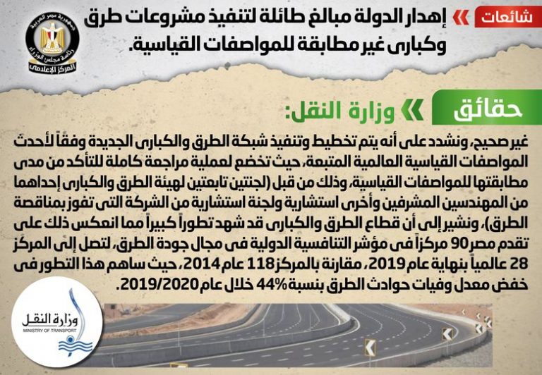 شائعة : إهدار الدولة مبالغ طائلة لتنفيذ مشروعات طرق وكباري غير مطابقة للمواصفات القياسية