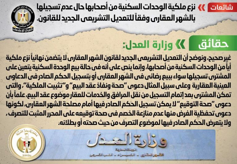 شائعة : نزع ملكية الوحدات السكنية من أصحابها حال عدم تسجيلها بالشهر العقاري وفقاً للتعديل التشريعي الجديد للقانون