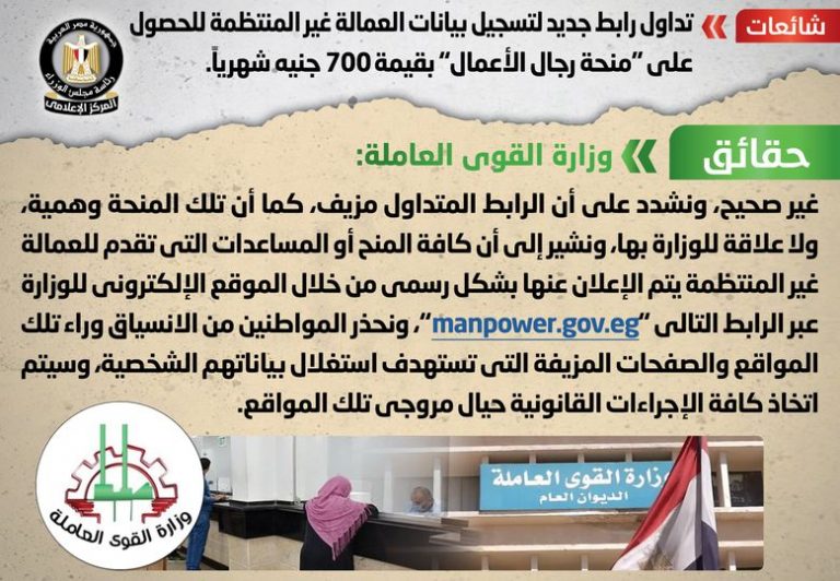 تداول رابط جديد لتسجيل بيانات العمالة غير المنتظمة للحصول على “منحة رجال الأعمال” بقيمة 700 جنيه شهرياً