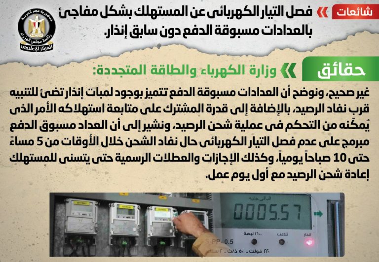 فصل التيار الكهربائي عن المستهلك بشكل مفاجئ بالعدادات مسبوقة الدفع دون سابق إنذار