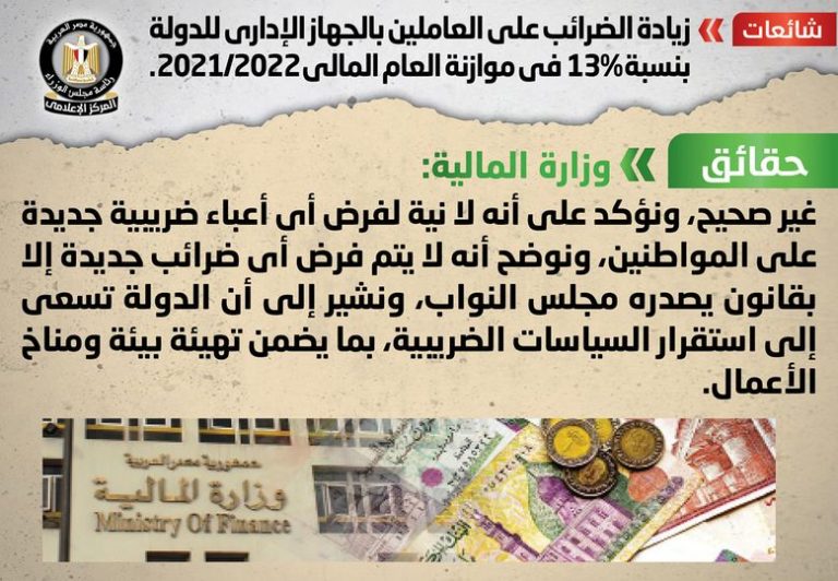شائعة : زيادة الضرائب على العاملين بالجهاز الإداري للدولة بنسبة 13% في موازنة العام المالي 2021/2022