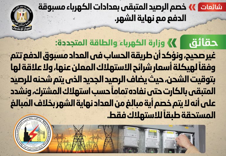 شائعة: خصم الرصيد المتبقي بعدادات الكهرباء مسبوقة الدفع مع نهاية الشهر
