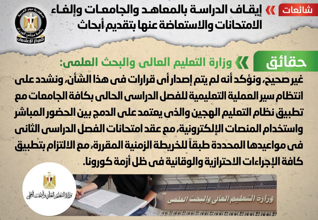 شائعة.. إيقاف الدراسة بالمعاهد والجامعات وإلغاء الامتحانات والاستعاضة عنها بتقديم أبحاث