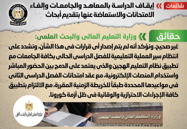 شائعة.. إيقاف الدراسة بالمعاهد والجامعات وإلغاء الامتحانات والاستعاضة عنها بتقديم أبحاث
