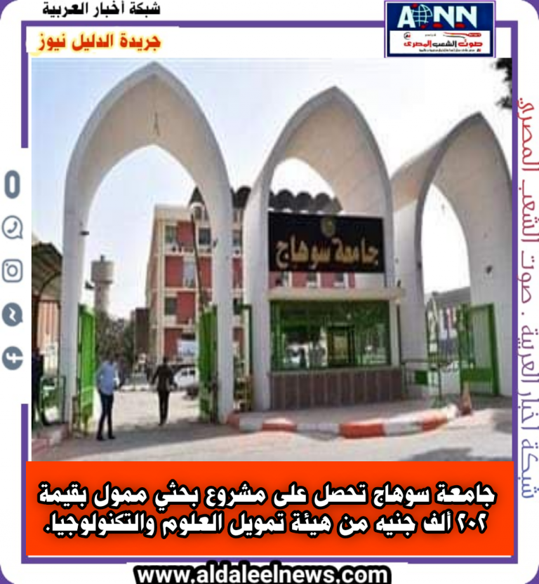 جامعة سوهاج تحصل على مشروع بحثي ممول بقيمة 202 ألف جنيه من هيئة تمويل العلوم والتكنولوجيا.