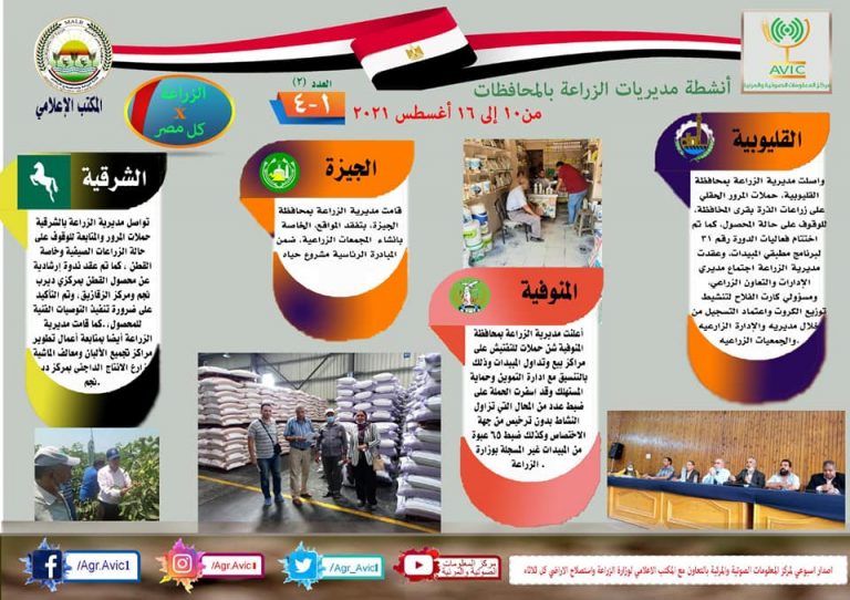 انفوجراف وفيديو| “الزراعة في كل مصر” العدد الثاني.. تعرف على أنشطة وجهود مديريات الزراعة خلال الفترة من ١٠ إلى ١٦ أغسطس الجاري