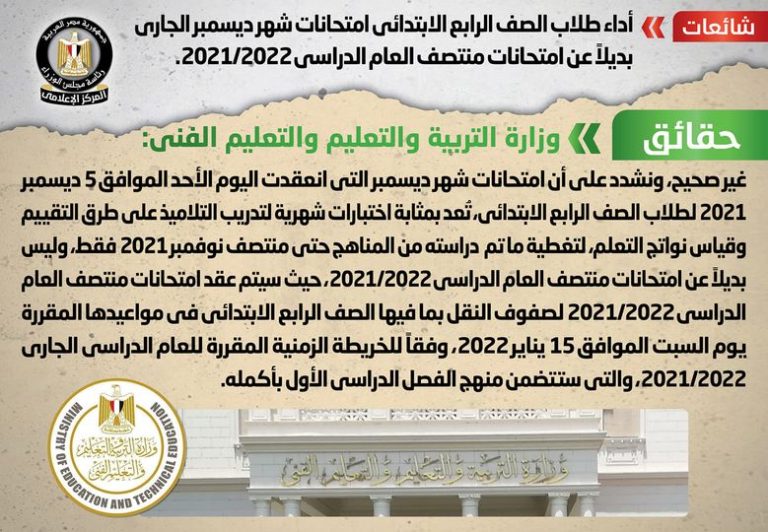 داء طلاب الصف الرابع الابتدائي امتحانات شهر ديسمبر الجاري بديلاً عن امتحانات منتصف العام الدراسي 2021/2022