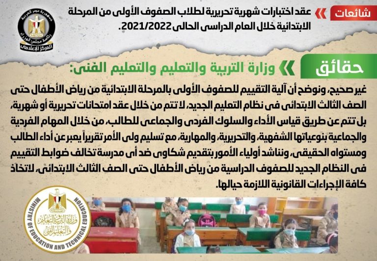 عقد اختبارات شهرية تحريرية لطلاب الصفوف الأولى من المرحلة الابتدائية خلال العام الدراسي الحالي 2021/2022