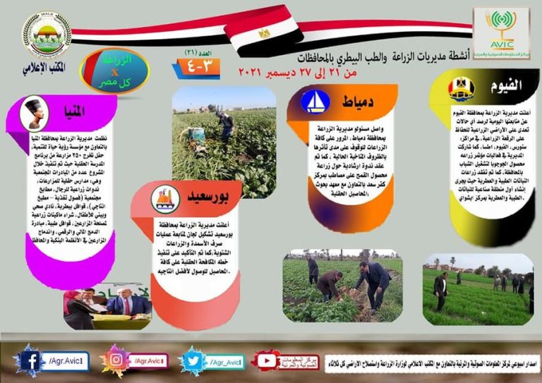 » انفوجراف وفيديو| “الزراعة في كل مصر” العدد رقم ٢١ .. تعرف على أنشطة وجهود مديريات الزراعة والطب البيطري خلال الفترة من ٢١ الى ٢٧  ديسمبر الجاري