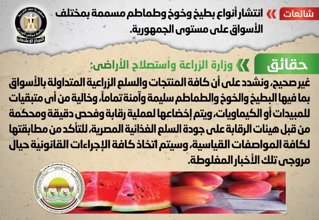 انتشار أنواع بطيخ وخوخ وطماطم مسممة بمختلف الأسواق على مستوى الجمهورية