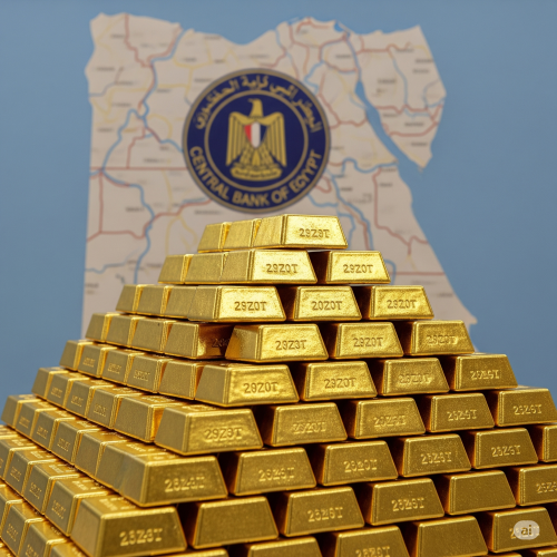 هرم من سبائك الذهب مع خريطة مصر وشعار البنك المركزي المصري