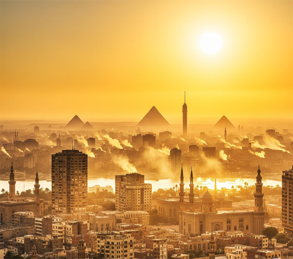 صورة بانورامية لمدينة القاهرة تظهر فيها الأهرامات أو برج القاهرة في الأفق، مع شمس كبيرة ومتوهجة في السماء. أهم شيء في الصورة هو وجود تموجات حرارية (Heat Haze) واضحة تتصاعد من المباني أو الأسفلت، مما يعطي إحساسًا بصريًا قويًا بالحرارة الشديدة. الألوان تميل إلى الأصفر والبرتقالي.
