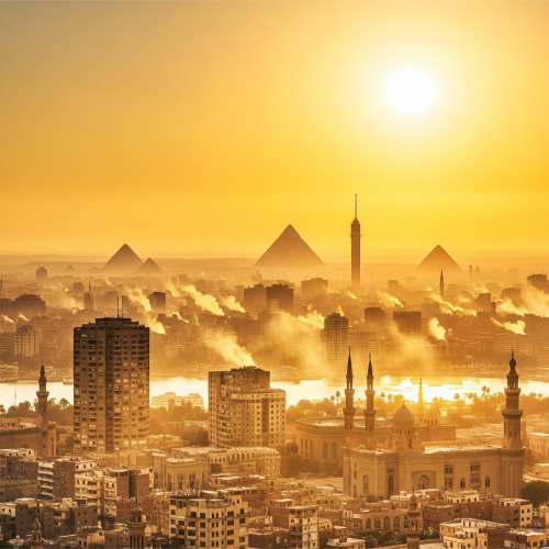 صورة بانورامية لمدينة القاهرة تظهر فيها الأهرامات أو برج القاهرة في الأفق، مع شمس كبيرة ومتوهجة في السماء. أهم شيء في الصورة هو وجود تموجات حرارية (Heat Haze) واضحة تتصاعد من المباني أو الأسفلت، مما يعطي إحساسًا بصريًا قويًا بالحرارة الشديدة. الألوان تميل إلى الأصفر والبرتقالي.