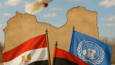 علم مصر وليبيا مع شعار الأمم المتحدة يرمزان إلى دعم خارطة الطريق لحل الأزمة الليبية
