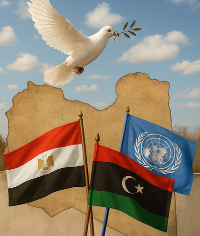 علم مصر وليبيا مع شعار الأمم المتحدة يرمزان إلى دعم خارطة الطريق لحل الأزمة الليبية