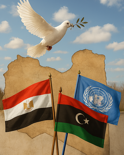 علم مصر وليبيا مع شعار الأمم المتحدة يرمزان إلى دعم خارطة الطريق لحل الأزمة الليبية