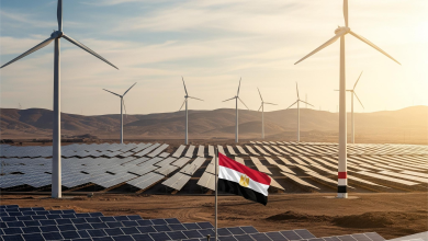 "صورة بانورامية احترافية تظهر ثورة الطاقة النظيفة في مصر، مع صفوف من الألواح الشمسية وتوربينات الرياح في المناظر الطبيعية الصحراوية المصرية، مع إضاءة دافئة من الشمس."