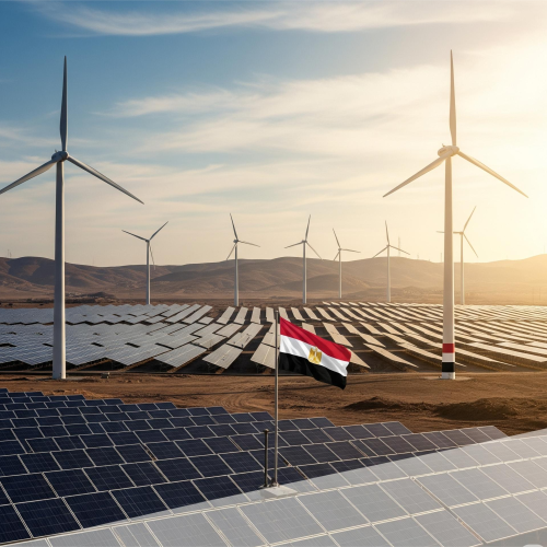 "صورة بانورامية احترافية تظهر ثورة الطاقة النظيفة في مصر، مع صفوف من الألواح الشمسية وتوربينات الرياح في المناظر الطبيعية الصحراوية المصرية، مع إضاءة دافئة من الشمس."