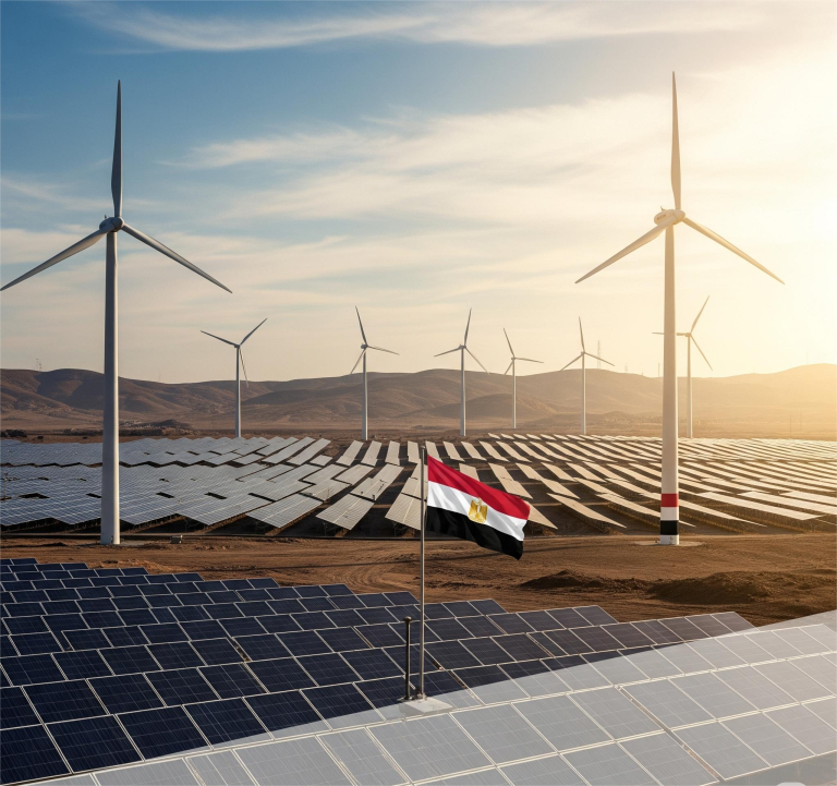 "صورة بانورامية احترافية تظهر ثورة الطاقة النظيفة في مصر، مع صفوف من الألواح الشمسية وتوربينات الرياح في المناظر الطبيعية الصحراوية المصرية، مع إضاءة دافئة من الشمس."