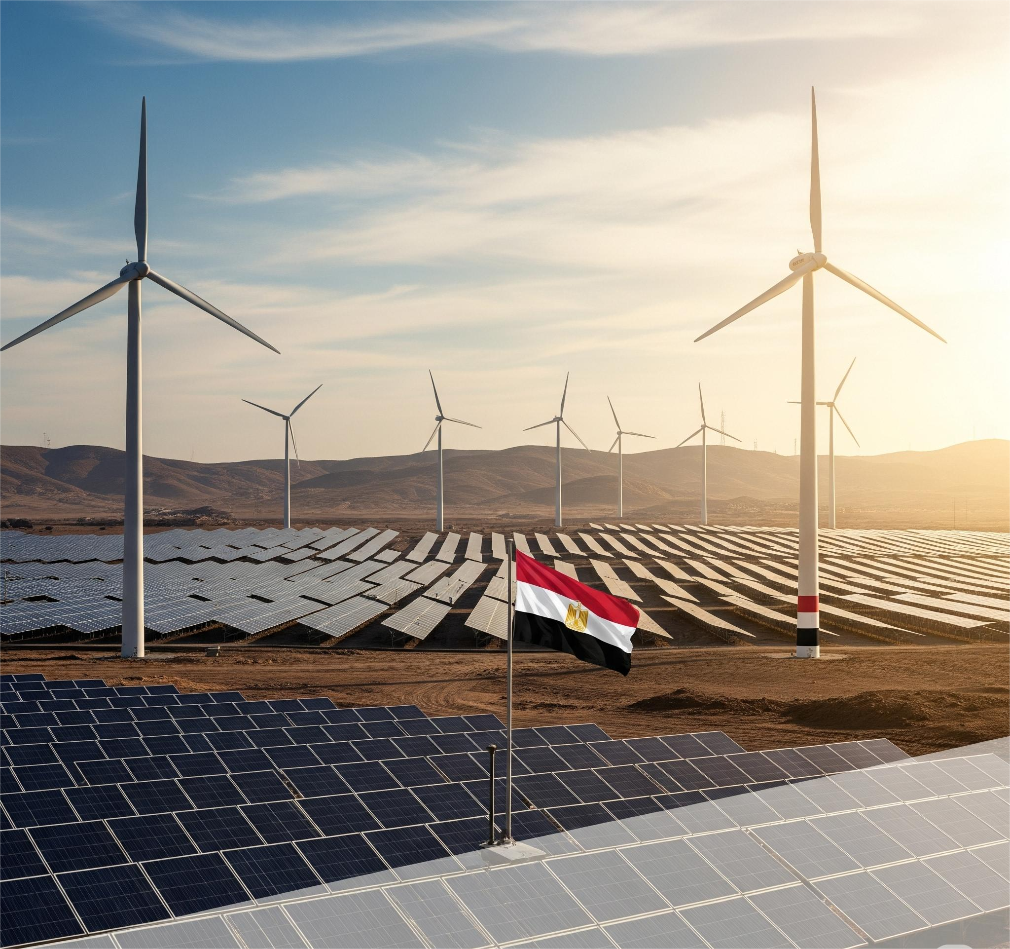 "صورة بانورامية احترافية تظهر ثورة الطاقة النظيفة في مصر، مع صفوف من الألواح الشمسية وتوربينات الرياح في المناظر الطبيعية الصحراوية المصرية، مع إضاءة دافئة من الشمس."