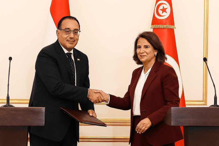 اللجنة العليا المشتركة المصرية التونسية العلاقات المصرية التونسية الاستثمار في تونس ومصر القضية الفلسطينية مصطفى مدبولي وسارة الزعفراني