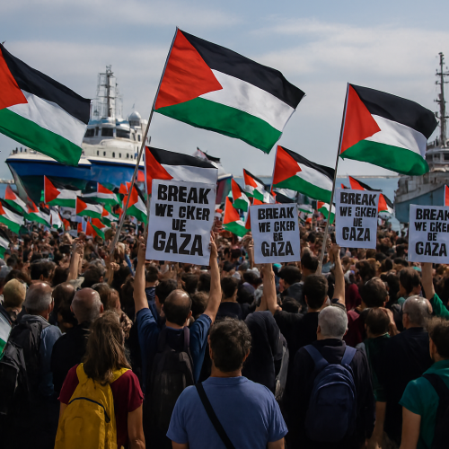 مظاهرات برشلونة، أعلام فلسطين، أسطول التضامن العالمي، إنهاء حصار غزة، المتطوعون الأوروبيون، ميناء برشلونة، حملة بحرية لدعم غزة.