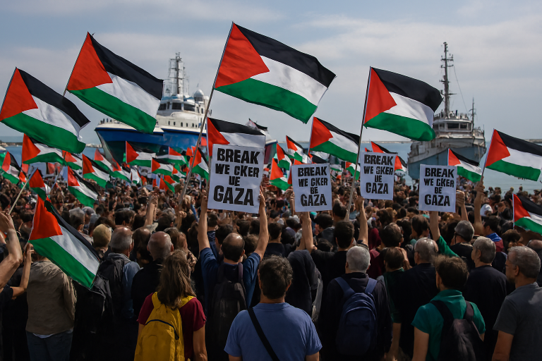 مظاهرات برشلونة، أعلام فلسطين، أسطول التضامن العالمي، إنهاء حصار غزة، المتطوعون الأوروبيون، ميناء برشلونة، حملة بحرية لدعم غزة.