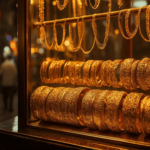 أسعار الذهب اليوم مشغوليات ذهبية داخل فاترينة عرض في محلات الصاغة المصرية
