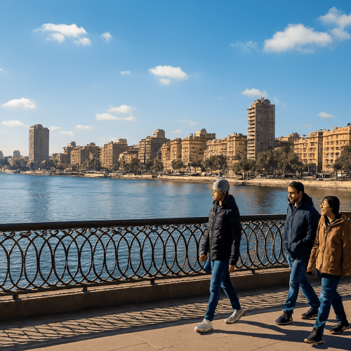 حالة الطقس اليوم مواطنون يسيرون في شوارع القاهرة تحت أشعة الشمس الشتوية