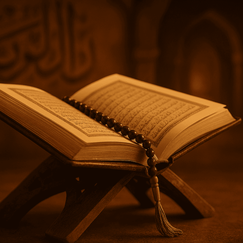 مصحف مفتوح ومسبحة في أجواء روحانية احتفالاً بليلة الإسراء والمعراج