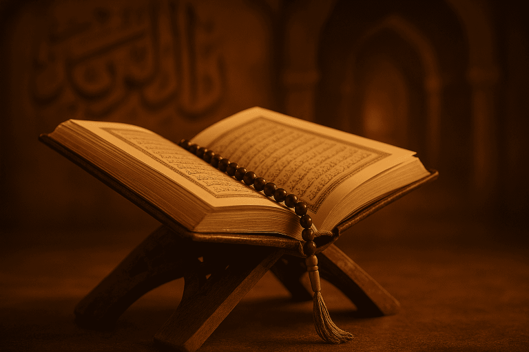 مصحف مفتوح ومسبحة في أجواء روحانية احتفالاً بليلة الإسراء والمعراج