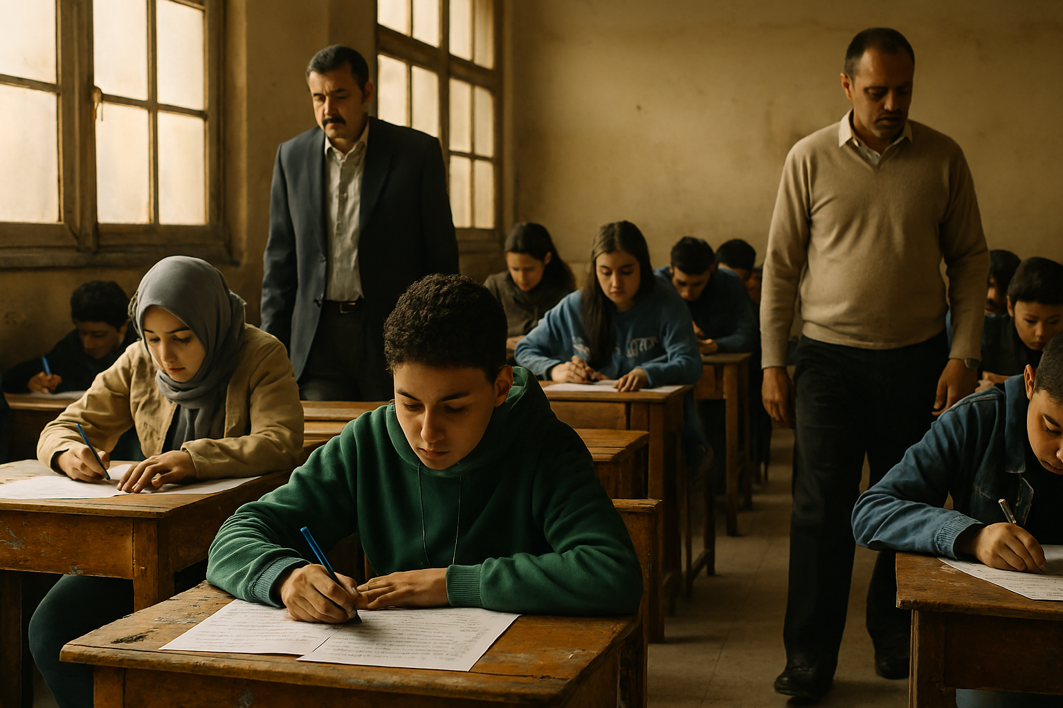 طلاب في لجنة امتحانات الشهادة الإعدادية بمصر تحت إشراف المراقبين