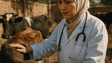طبيبة بيطرية تفحص بقرة في مزرعة لضمان جودتها الصحية استعدادات رمضان