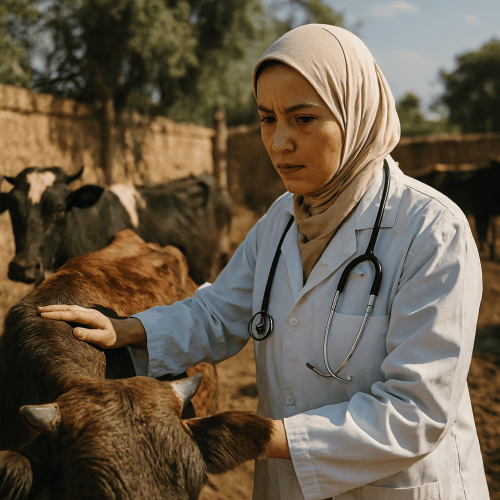 طبيبة بيطرية تفحص بقرة في مزرعة لضمان جودتها الصحية استعدادات رمضان