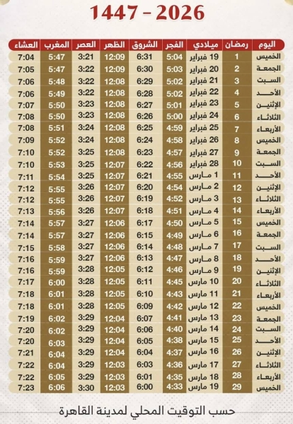 إمساكية شهر رمضان 2026