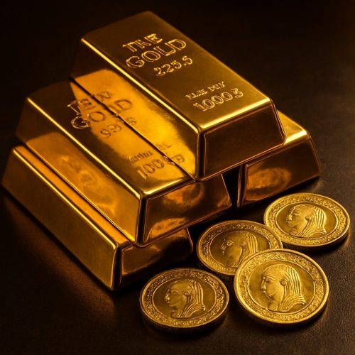 سبائك ذهبية عيار 24 مع عملات الجنيه الذهب في مصر لتوضيح أسعار الذهب اليوم.