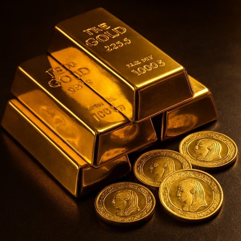 سبائك ذهبية عيار 24 مع عملات الجنيه الذهب في مصر لتوضيح أسعار الذهب اليوم.