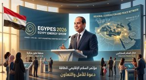 الرئيس السيسي يلقي كلمة, الرئيس ترامب, لقاء بين الزعيمين, خريطة منطقة الخليج, شعار مؤتمر ايجبس, رمز السلام.