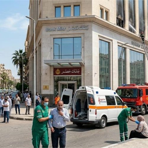 سيارات الإسعاف والإطفاء أمام موقع حريق في بنك بمدينة سفاجا