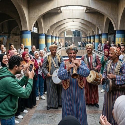 عازفو المزمار البلدي والفلكلور الصعيدي في احتفالية بمحطة مترو جامعة القاهرة