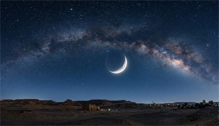 هلال القمر في سماء الليل ليلة الرؤية لتحديد موعد عيد الأضحى 2026 فلكياً وقفة عرفات