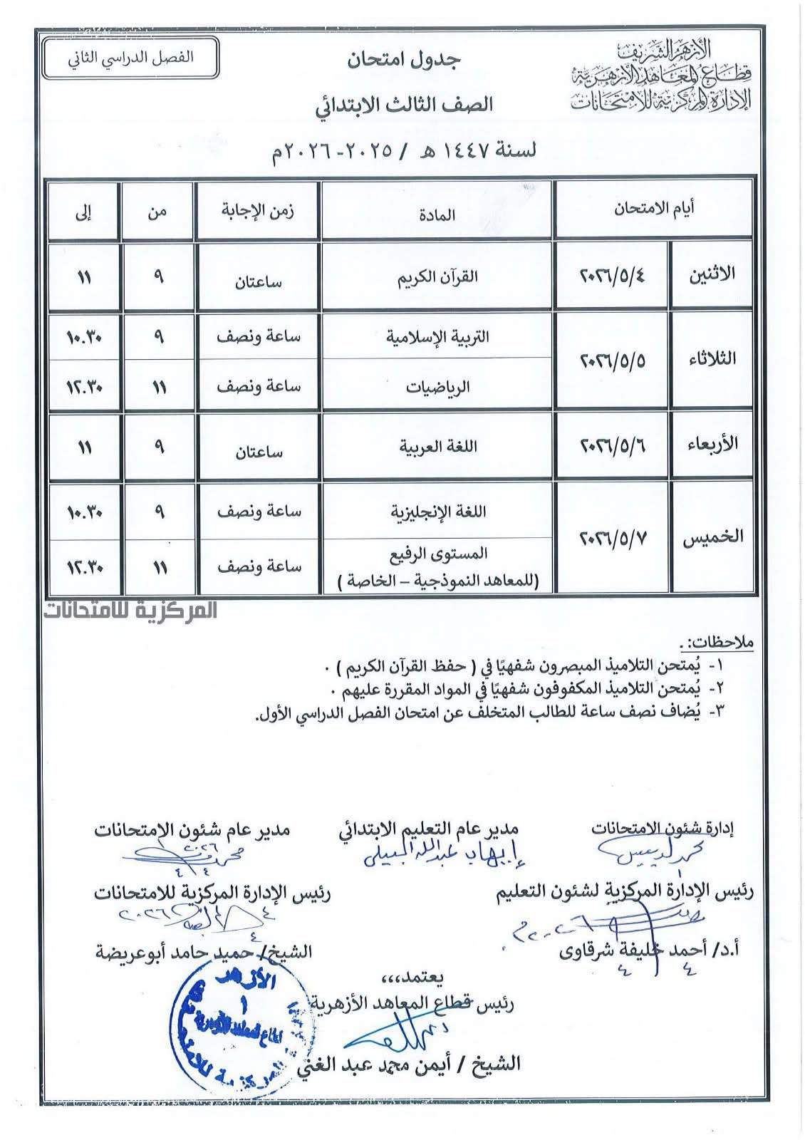 امتحانات الترم الثاني بالأزهر الشريف 2026