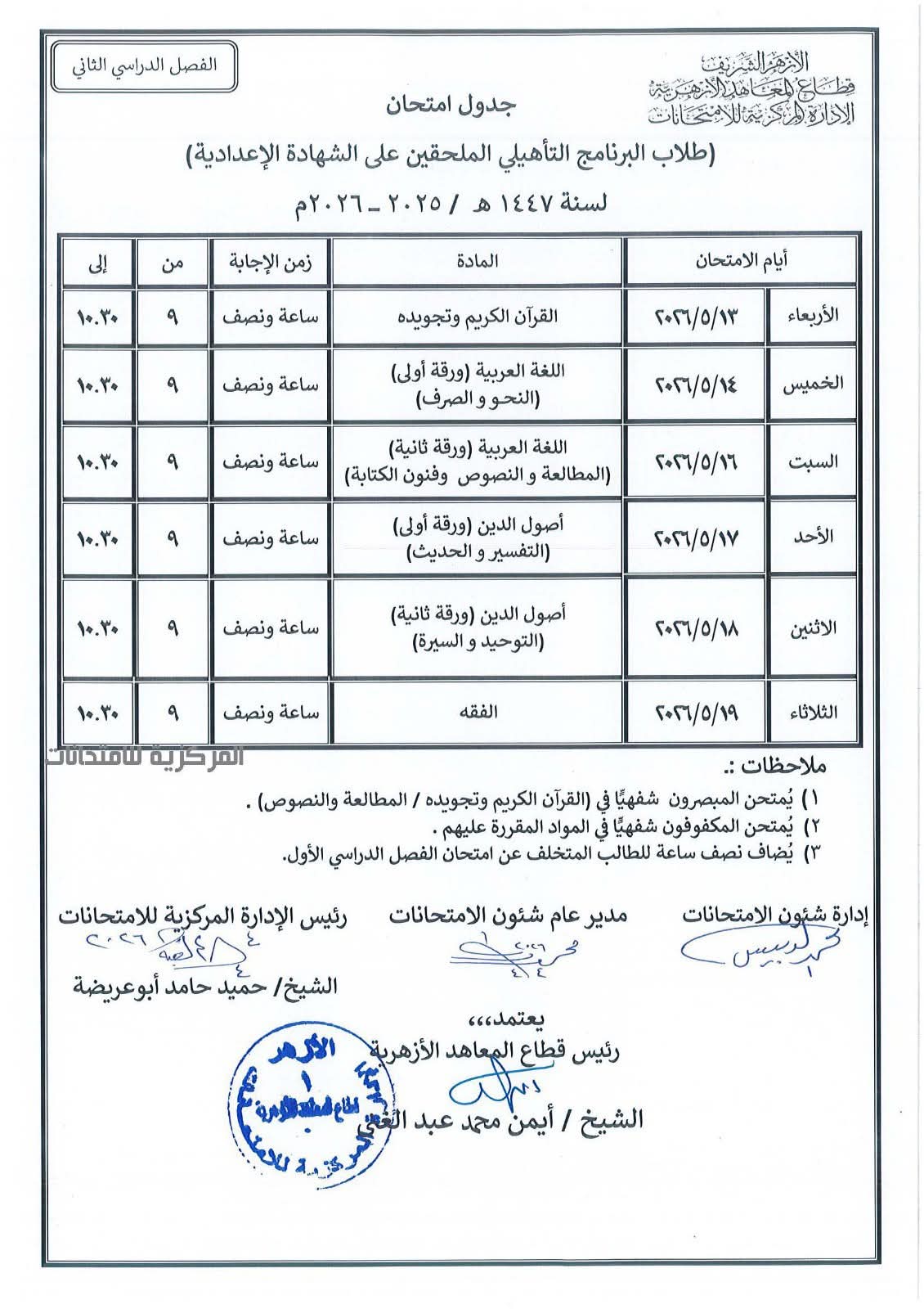 امتحانات الترم الثاني بالأزهر الشريف 2026