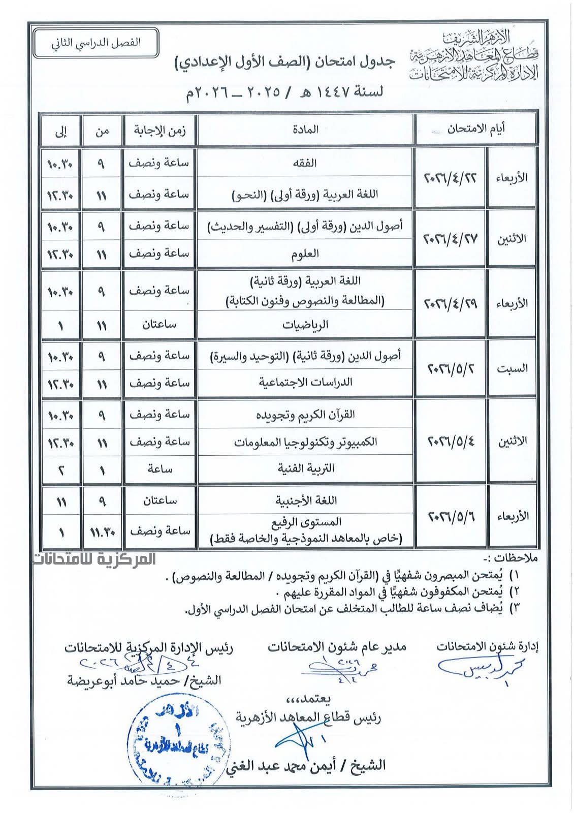 امتحانات الترم الثاني بالأزهر الشريف 2026