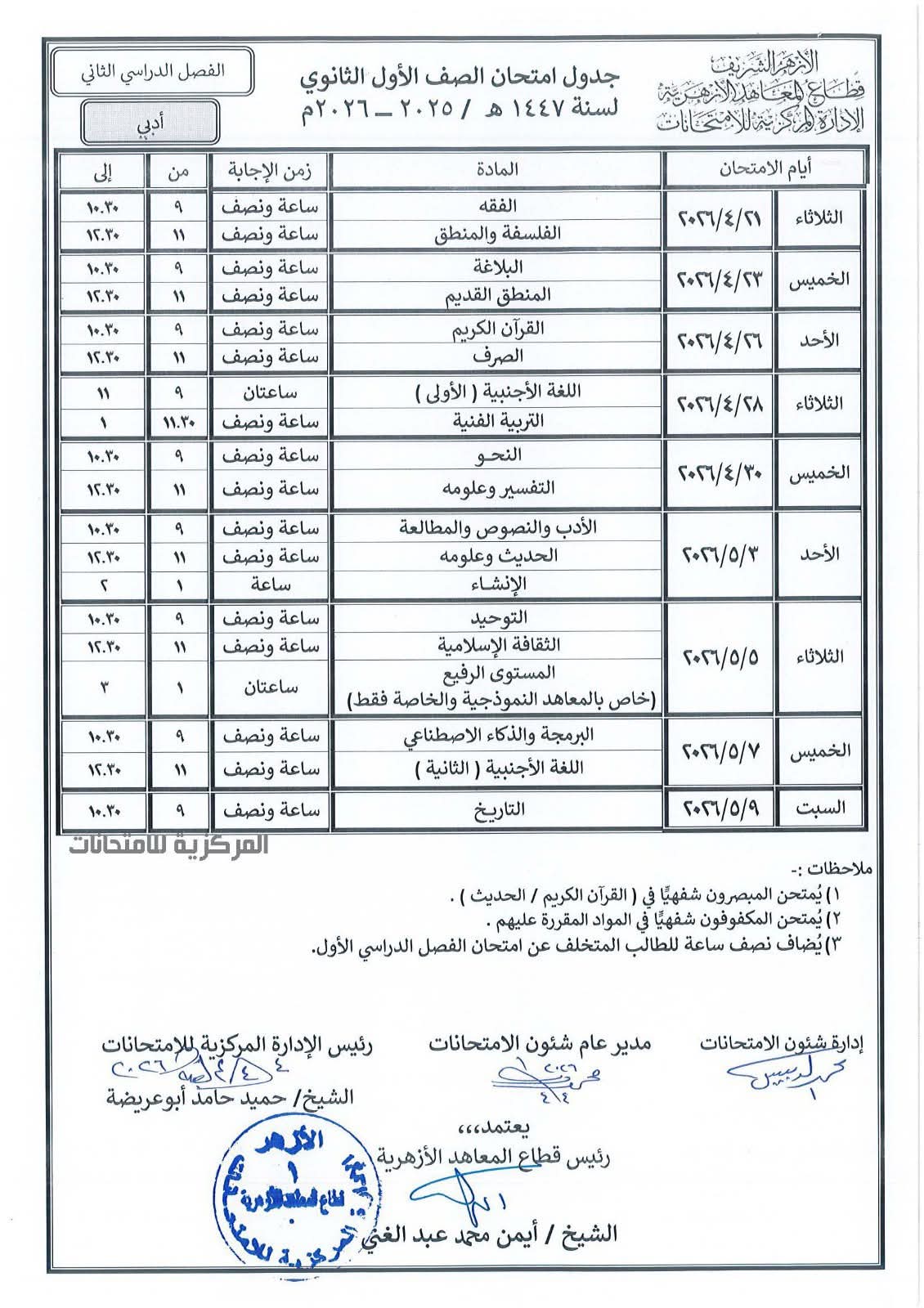 امتحانات الترم الثاني بالأزهر الشريف 2026