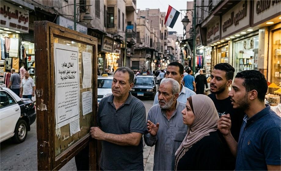 شارع تجاري مصري نابض بالحركة ليلاً يعكس ترقب غلق المحلات